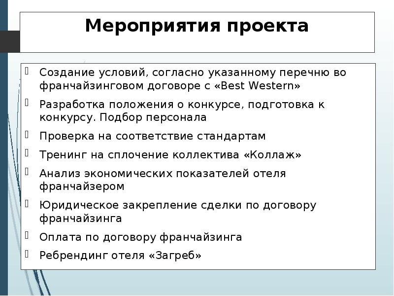 


Мероприятия проекта
Создание условий, согласно указанному перечню во франчайзинговом договоре с «Best Western»
Разработка положения о конкурсе, подготовка к конкурсу. Подбор персонала
Проверка на соответствие стандартам
Тренинг на сплочение коллектива «Коллаж»
Анализ экономических показателей отеля франчайзером
Юридическое закрепление сделки по договору франчайзинга
Оплата по договору франчайзинга
Ребрендинг отеля «Загреб»
