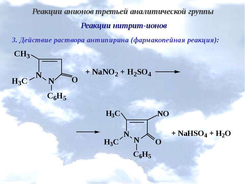 Первая группа анионов. Антипирин и нитрит натрия реакция. Качественная реакция на антипирин с нитритом натрия. Антипирин качественные реакции. Антипирин с хлоридом железа 3 реакция.