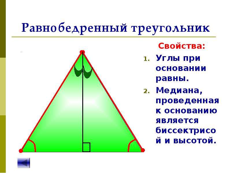 Угол между высотами равнобедренного треугольника. Равнобедренный треугольник и его элементы. Свойство углов равнобедренного треугольника.