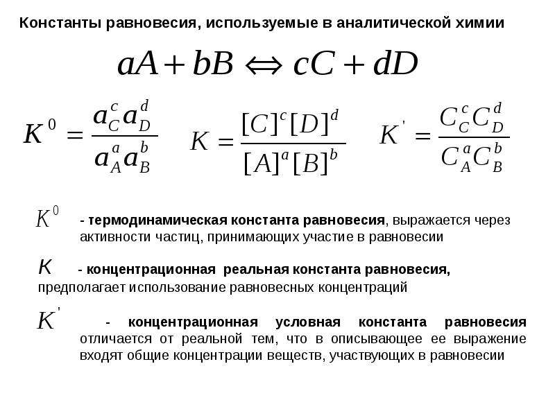 Константа равновесия. Константа равновесия в аналитической химии. Константа химического равновесия это аналитическая химия. Концентрационная Константа равновесия через. Термодинамическая концентрационная и условная константы равновесия.