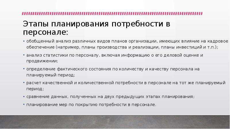 Планирование потребностей. Этапы планирования потребности в персонале. Факторы планирования персонала. Этапы планирования потребности в кадрах. Факторы влияющие на планирование потребности в персонале.