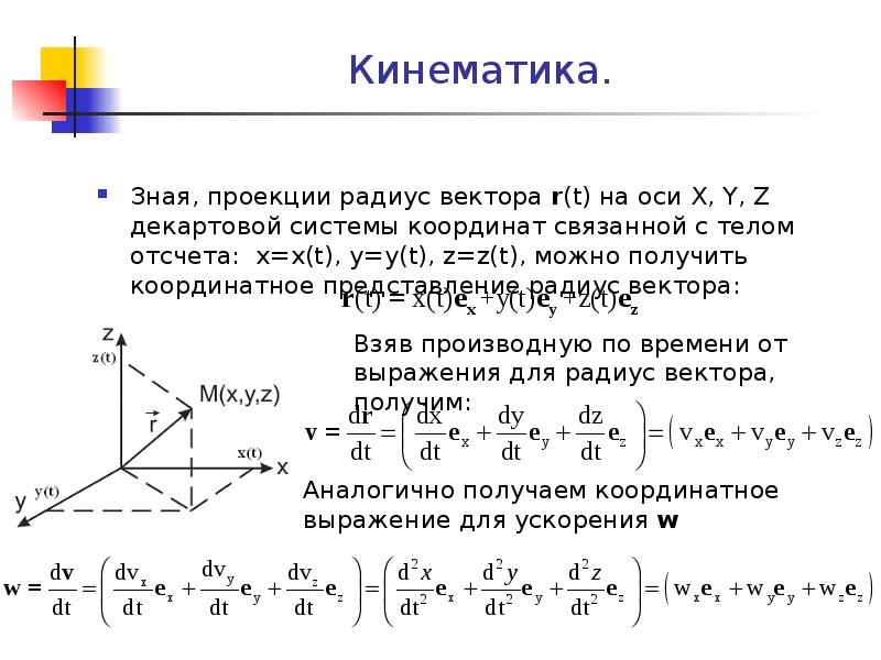 Кинематика. Зная, проекции радиус вектора r(t) на оси X, Y, Z декартовой системы координат связанной