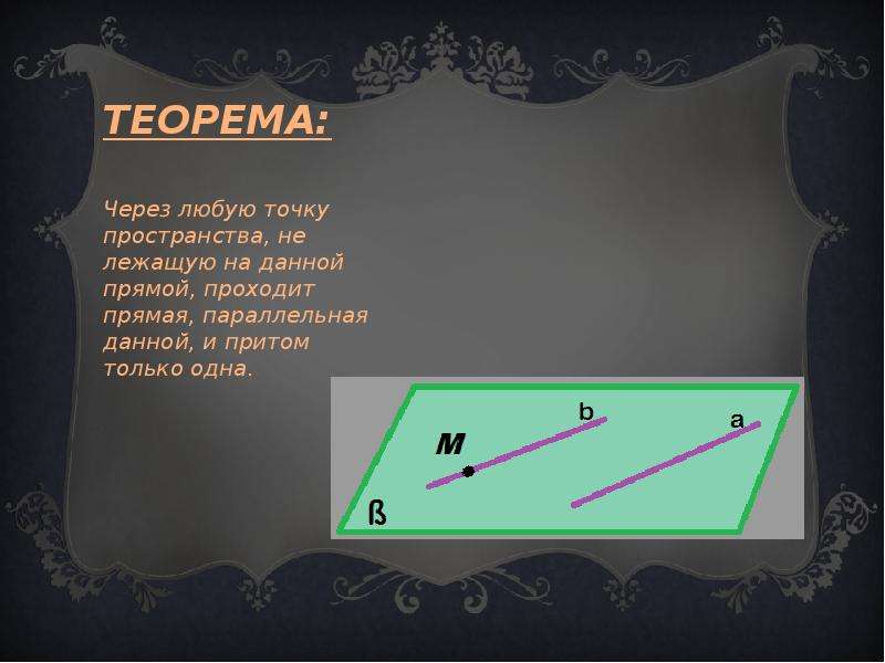 Через точку не лежащую на данной прямой проходит только одна прямая параллельная данной рисунок