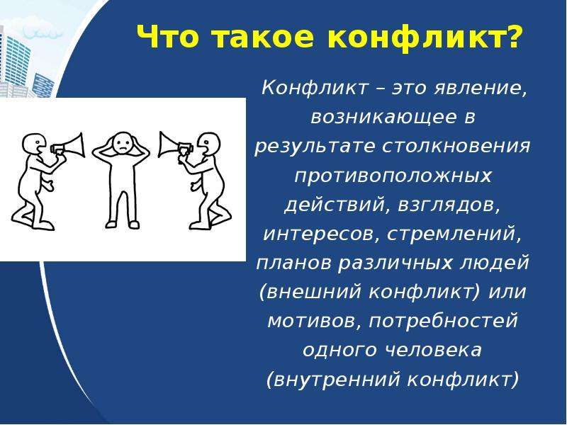 Столкновение противоположных действий взглядов интересов стремлений планов различных людей это