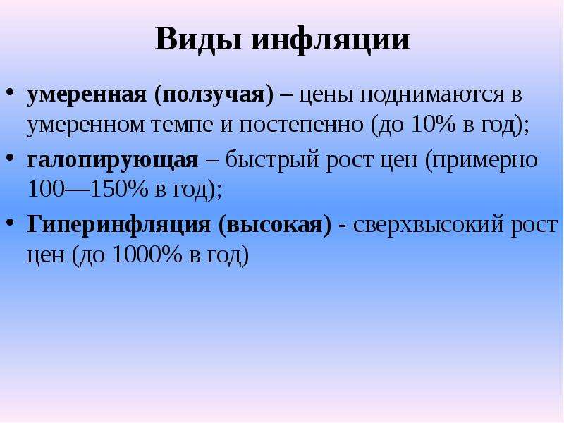 В периоды высокой инфляции повышается. Естественный уровень инфляции. Виды инфляции умеренная. Умеренный уровень инфляции. Инфляция ползучая Галопирующая гиперинфляция.