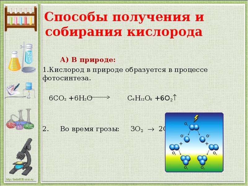 Способы получения и собирания кислорода А) В природе: Кислород в природе образуется в процессе фотос