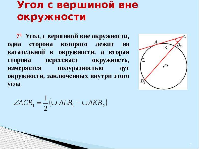 Вне круга. Углы связанные с окружностью. Угол с вершиной внутри окружности. Угол с вершиной вне окружности стороны которого лежат на касательных. Угол с вершиной вне окружности одна сторона лежит на касательной.