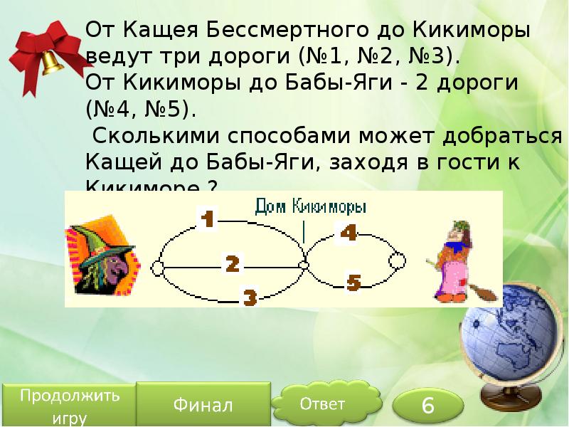 2 вести 3. От бабы яги до Кощея ведут 2 дороги а от Кощея до Кикиморы 3 дороги. От Кощея до бабы яги ведут три дороги. От бабы яги до Кощея ведут 3. Сколько способов добраться.