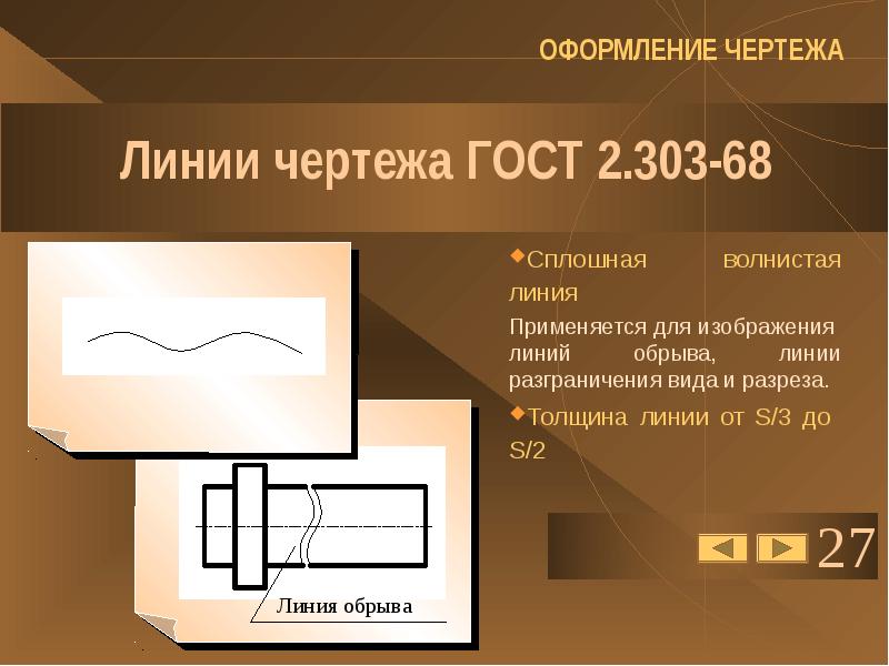 Эта линия применяется для изображения линий обрыва линии разграничения вида и разреза