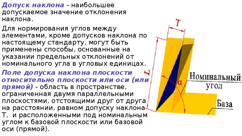 Наибольший уклон. Допуск наклона. Допуск расположения наклона. Отклонение угла наклона. Допуск наклона на чертеже.