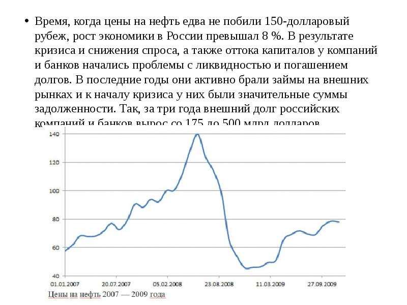 Время, когда цены на нефть едва не побили 150-долларовый рубеж, рост экономики в России превышал 8 %