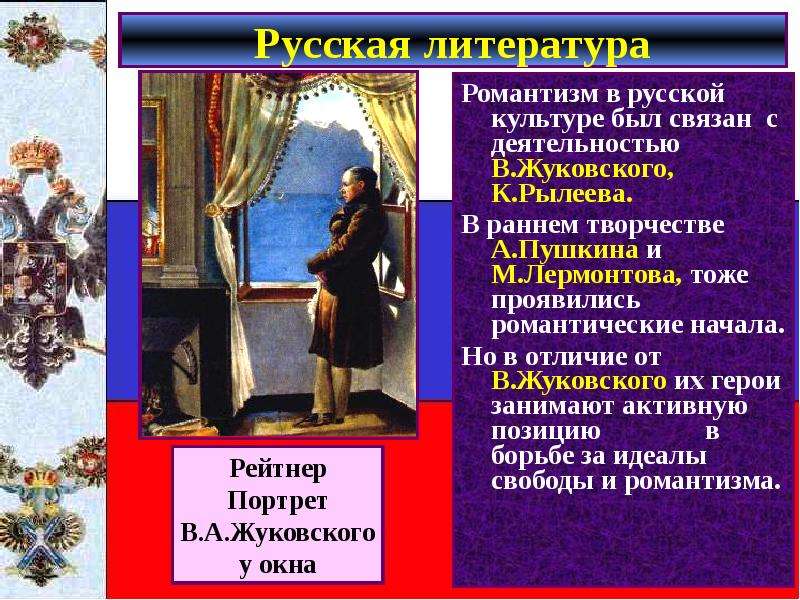 Художественные средства в романтизме. Романтизм Пушкина и Жуковского. Художественная культура и право. М.Х. Рейтнер презентация. Биография Рылеева.