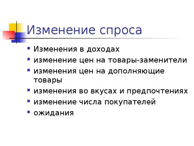 Причины изменения спроса включают изменение. Изменение продукта.