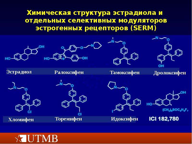Химическая структура эстрадиола и отдельных селективных модуляторов эстрогенных рецепторов (SERM)