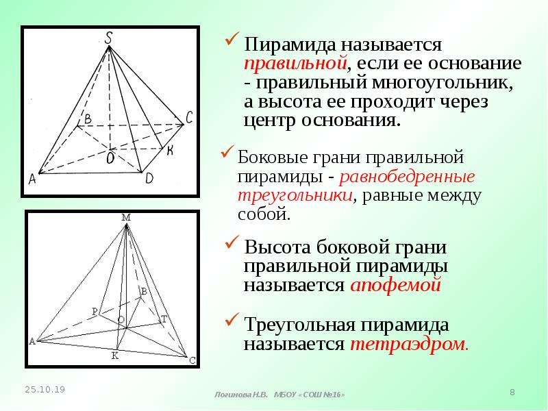 Основание пирамиды равносторонний треугольник длина стороны. Боковая грань правильной треугольной пирамиды. Грани правильной четырехугольной пирамиды. Правильная пирамида боковые грани правильной пирамиды. Грани правильной треугольной пирамиды.