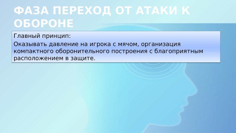 Принцип игры. Переходные фазы игры. Основные заповеди игры в обороне. Переход от обороны к атаке главные принципы. Фазы целенаправленной атаки.