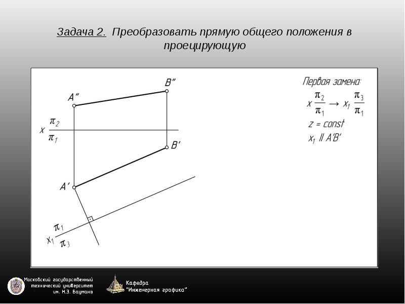 Преобразовать 2. Тени прямых общего положения. Тень от прямой общего положения. Преобразовать прямую общего положения в проецирующую прямую. Задача преобразования прямой общего положения в *.