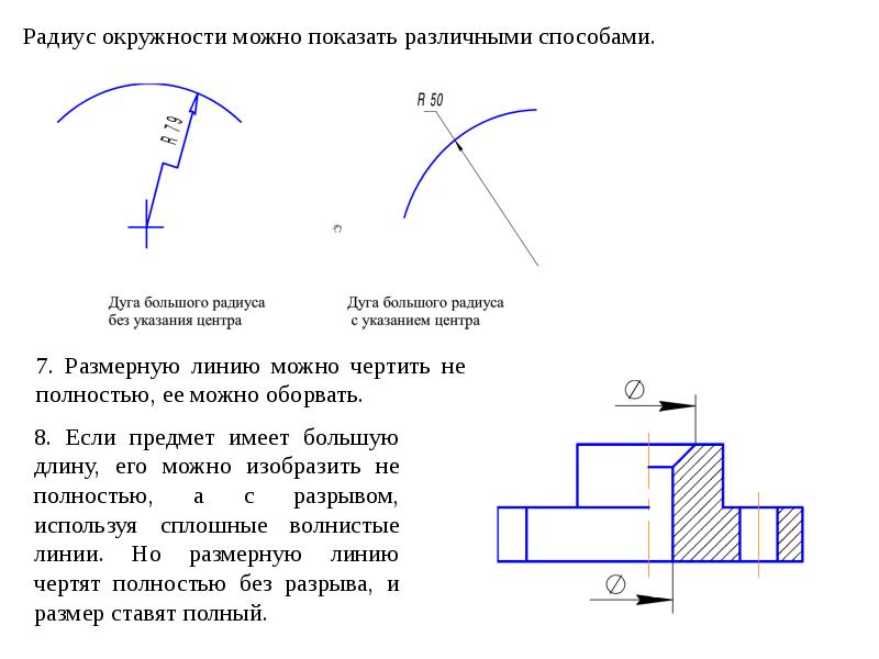 Линия радиус. Размерные линии радиус. Радиус окружности на чертеже. Способы указания радиуса на чертеже. Радиус на чертеже 2 радиуса.