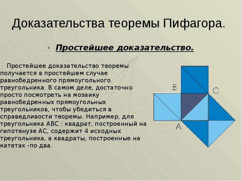 Доказательства теоремы Пифагора. Простейшее доказательство.