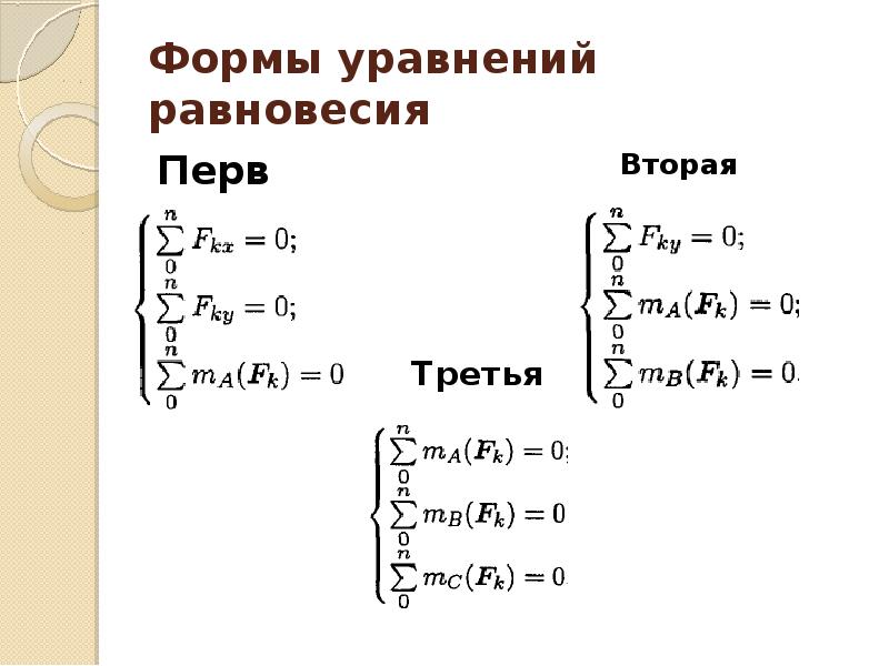 Составление уравнения равновесия. Первая формула уравнения равновесия. Первая форма уравнений равновесия. Уравнение статического равновесия.