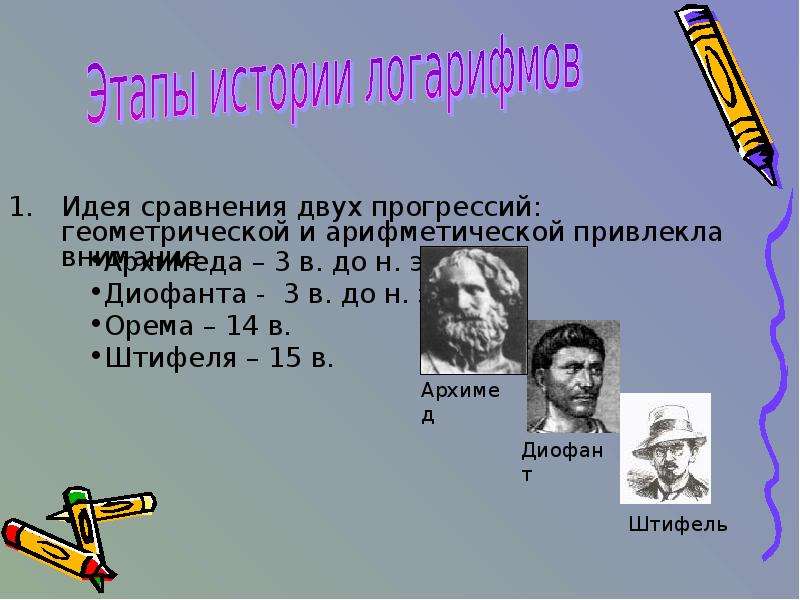 Сравните идеи. История происхождения прогрессии. Логарифм Геометрическая прогрессия.