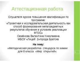 Аттестационная работа. Методическая разработка спецкурса по химии для 8 класса «Мир открытий». Вещества, окружающие нас в быту