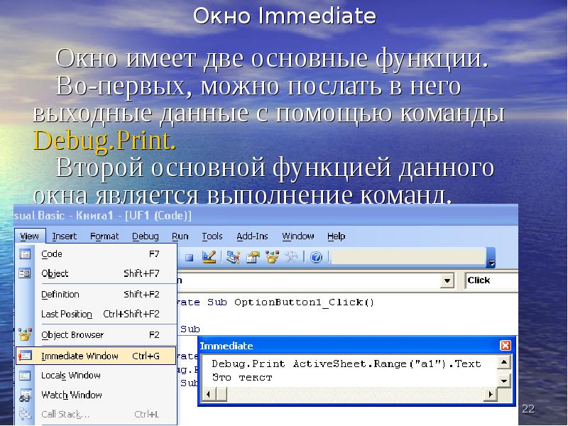 Окно имеет. Окно immediate. Окно immediate vba. * Окно immediate debug. Команда для вывода данных в окно отладки immediate.