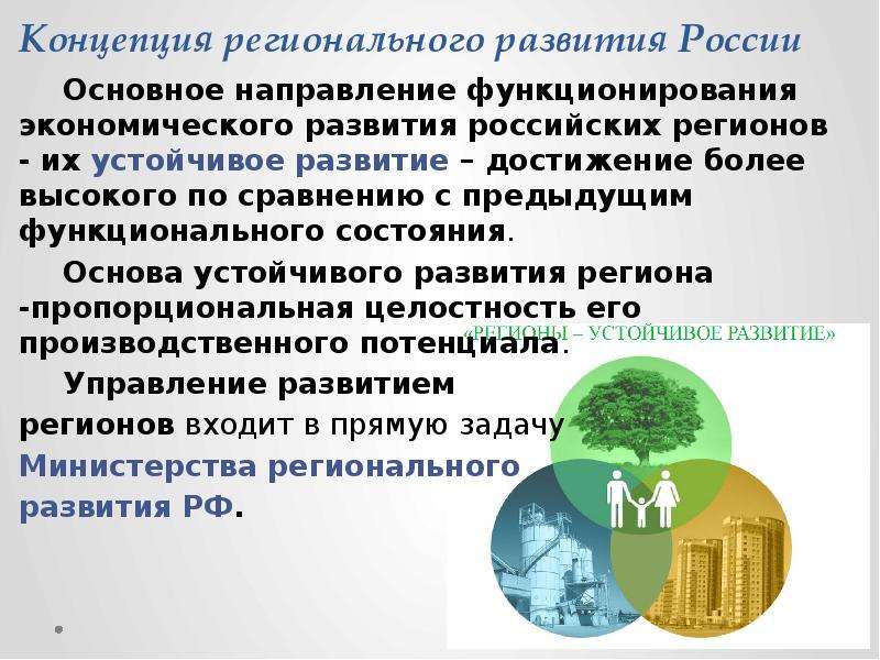 Концепция регионального развития России Основное направление функционирования экономического развити