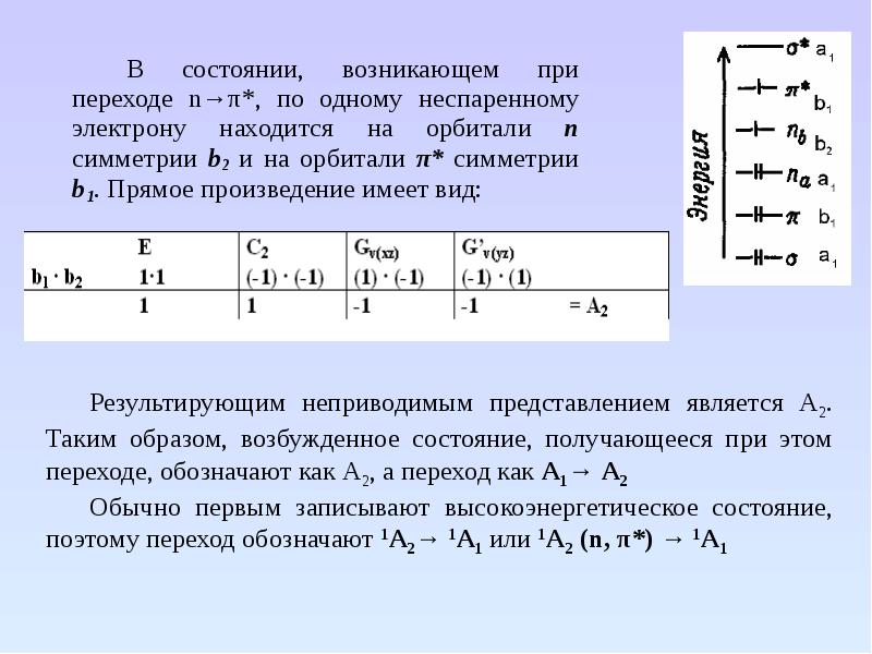 Прямое произведение. Неспаренные электроны. Орбиталь с неспаренным электроном. Неприводимые представления орбиталей. Орбитали с неспаренным электроном механизм образования связи.