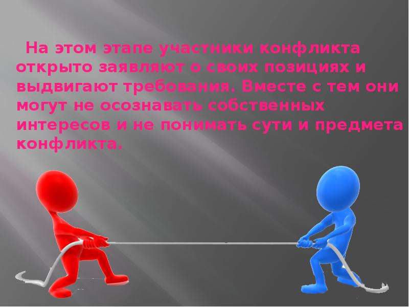 Этап участники. Стадии развития конфликта выдвижение требований. Заявленная позиция.