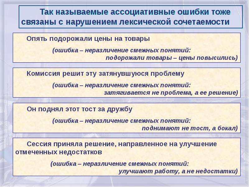 Урок понятие о лексической сочетаемости. Ассоциативные ошибки примеры. Ошибки связанные с нарушением лексической сочетаемости. Основные понятия лексической стилистики. Ассоциативные ошибки в русском языке.