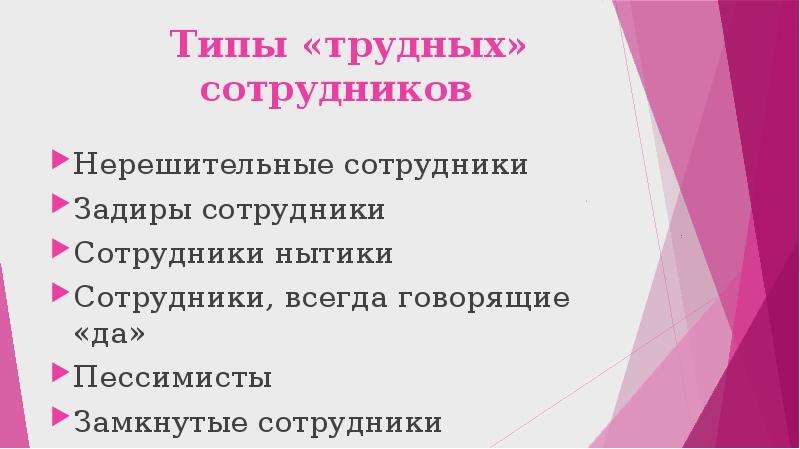 Работа с трудными сотрудниками. Типы трудных сотрудников. Типы сотрудников презентация. Типы сложных сотрудников. Признаки трудного сотрудника.