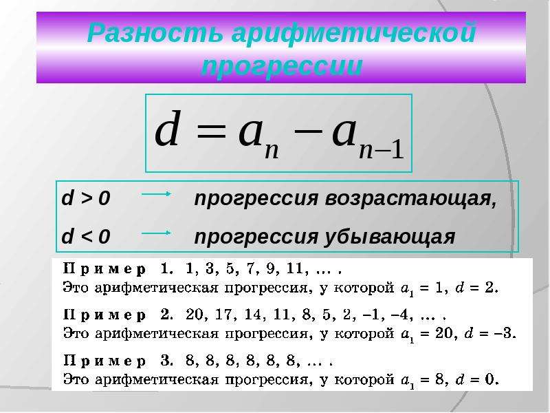 Образуют арифметическую прогрессию. Примеры убывающей арифметической прогрессии. Формула убывающей арифметической прогрессии. Формула последовательности арифметической прогрессии. Формула алгебраической прогрессии сумма.