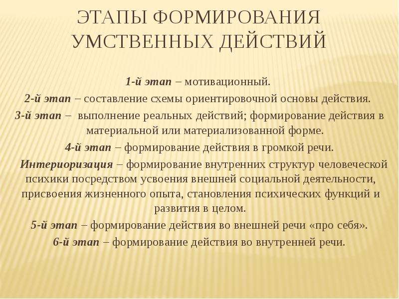 Перенос действий относящихся к деятельности внешней в умственный внутренний план