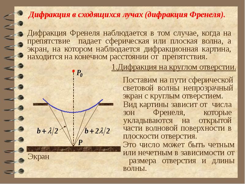 В центре дифракционной картины будет наблюдаться светлое пятно при дифракции френеля на круглом