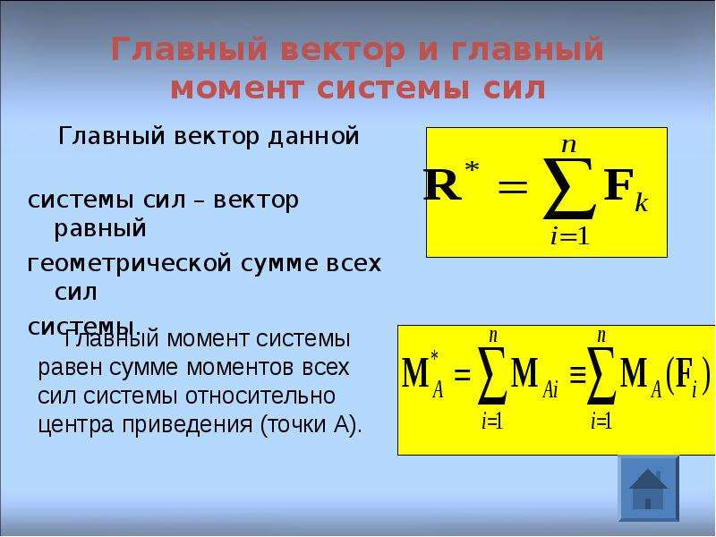 Равно важны. Главный вектор системы сил. Главный вектор и момент системы сил. Формула главного вектора системы сил. Главный момент системы сил формула.