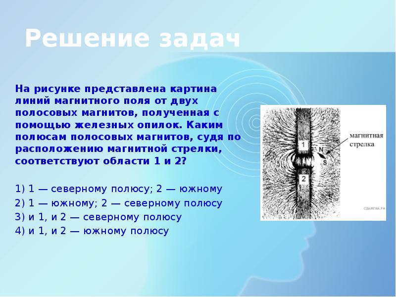 Картина магнитных линий соответствует полосовых магнитов следовательно полюсы