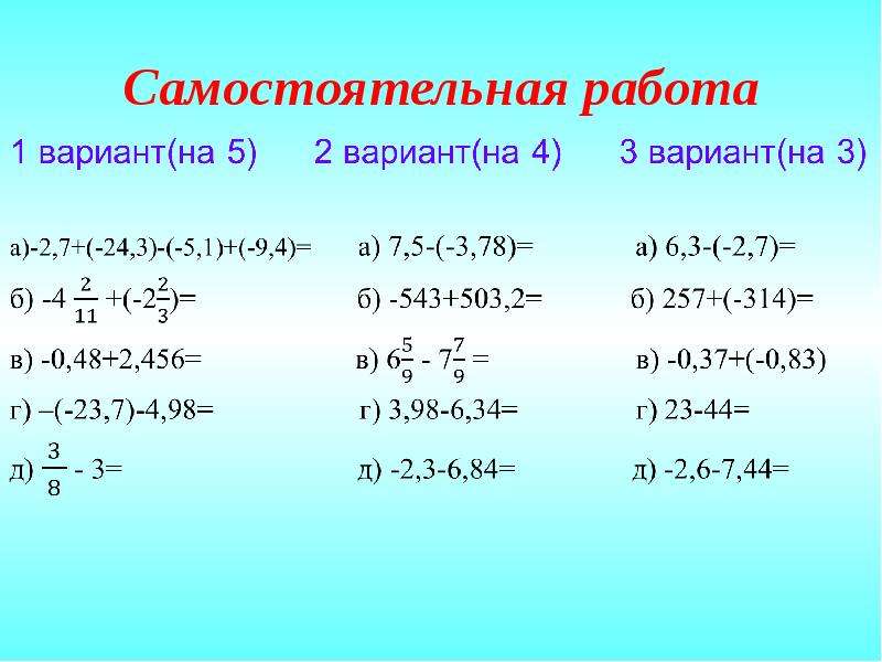 Вычитание чисел с разными знаками примеры