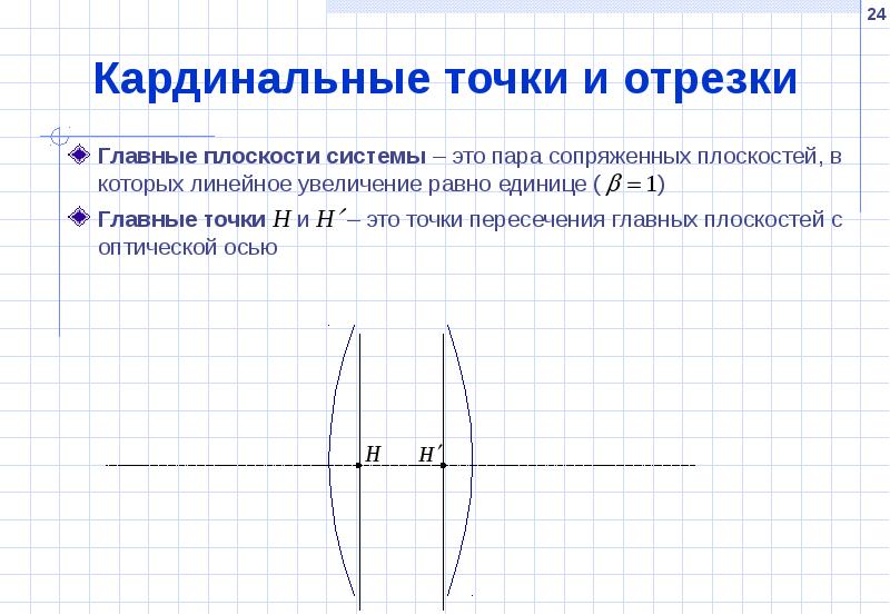 Увеличение равно. Главная точка оптической системы. Главные плоскости идеальной оптической системы. Кардинальные точки и плоскости центрированной оптической системы. Кардинальные плоскости оптической системы.