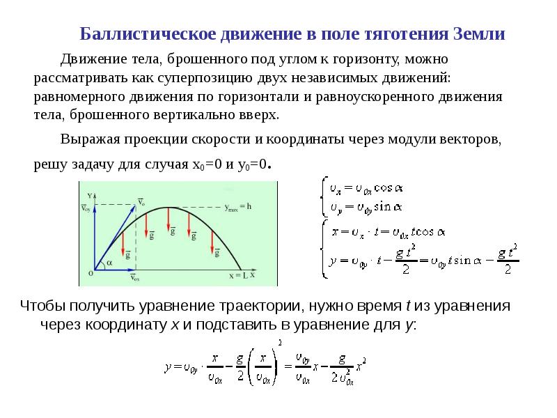 Уравнение тела брошенного под углом к горизонту