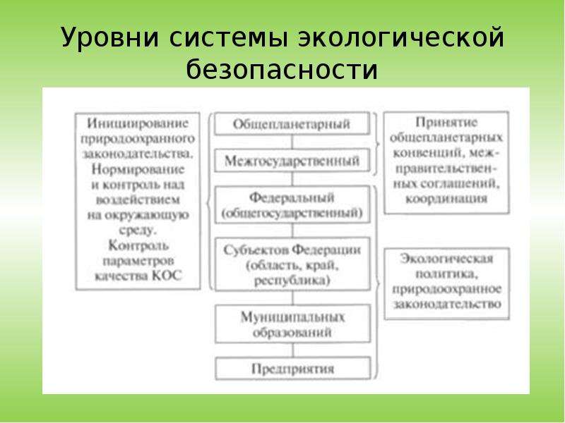 Уровень экологии. Уровни системы экологической безопасности. Структура экологической безопасности. Способы достижения экологической безопасности.