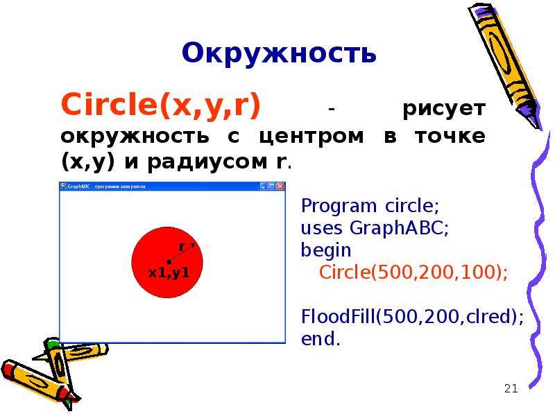 Abc graph. Паскаль АБС модуль GRAPHABC. GRAPHABC В Паскале. Модуль GRAPHABC В Паскале. Рисование окружности в Паскале.