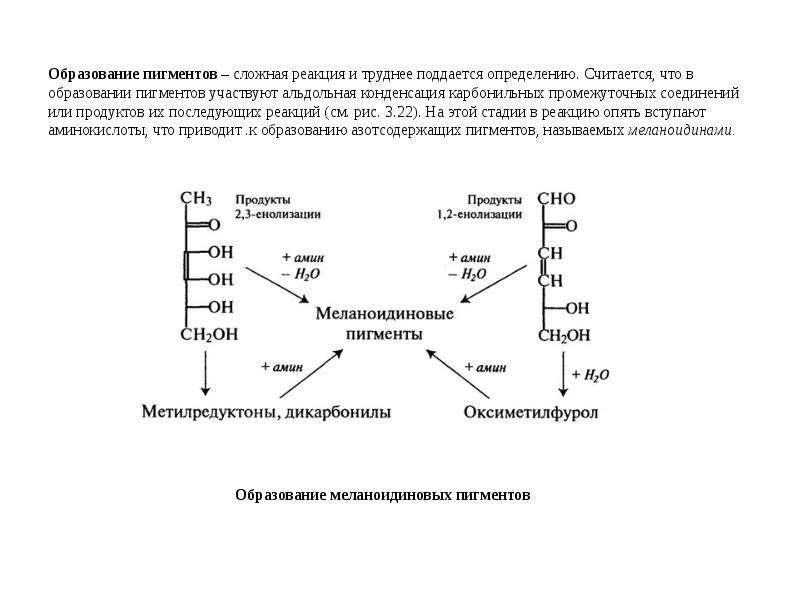 Образование пигмента. Условия для осуществления реакции карамелизации. В реакцию с аминокислотами вступает.