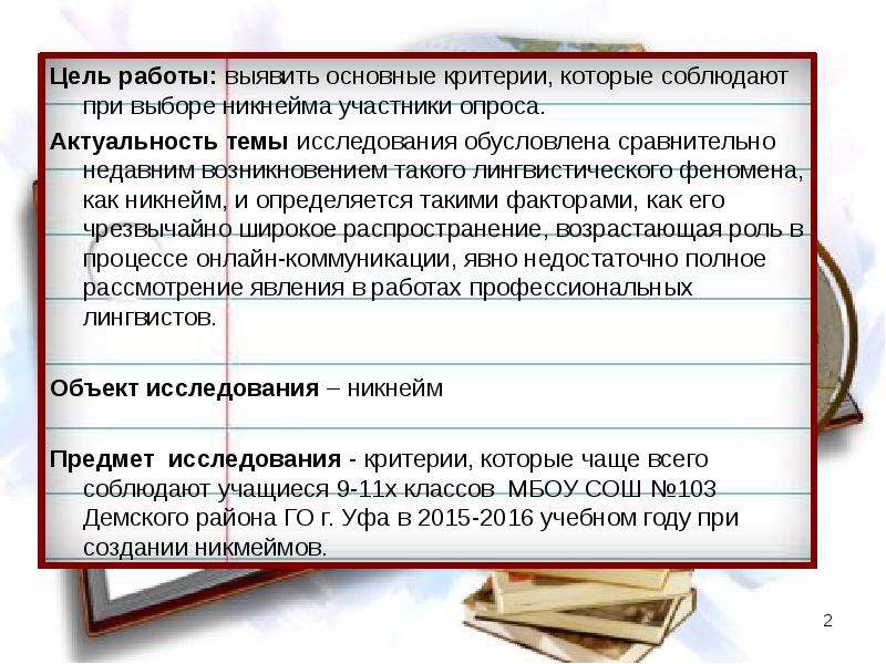 Цель работы выявить. Актуальность никнеймов. Проблема выбора никнейма.