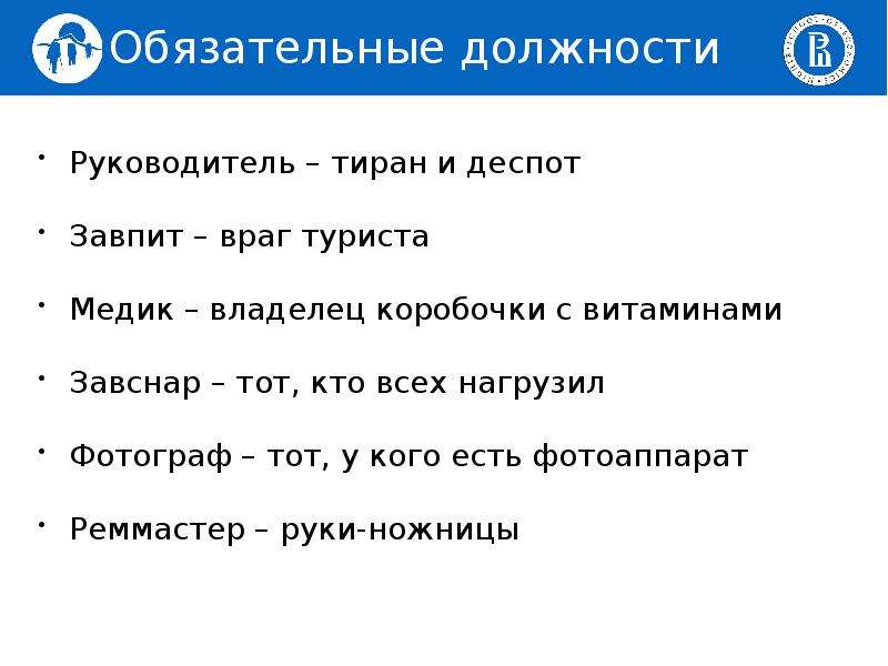 Обязательные должности. Должности в походе. Должность завпит в походе. Должности в походе таблица. Должность руководящего в походе.