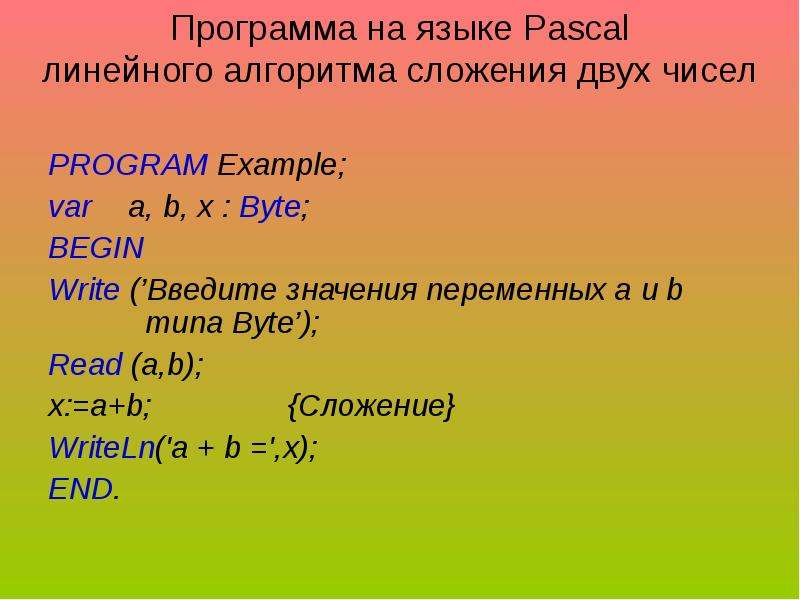 Язык паскаль. Паскаль программа. Программа сложения в Паскале. Программа на Паскале суммирования двух чисел. Линейная программа на языке Паскаль.