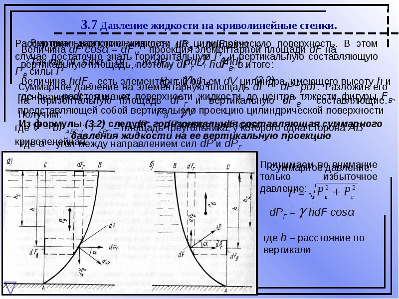 Давление на поверхность. Сила гидростатического давления на криволинейную поверхность. Сила гидростатического давления на криволинейную стенку. Сила давления жидкости на криволинейную стенку. Формула избыточного давления жидкости на вертикальную стенку.