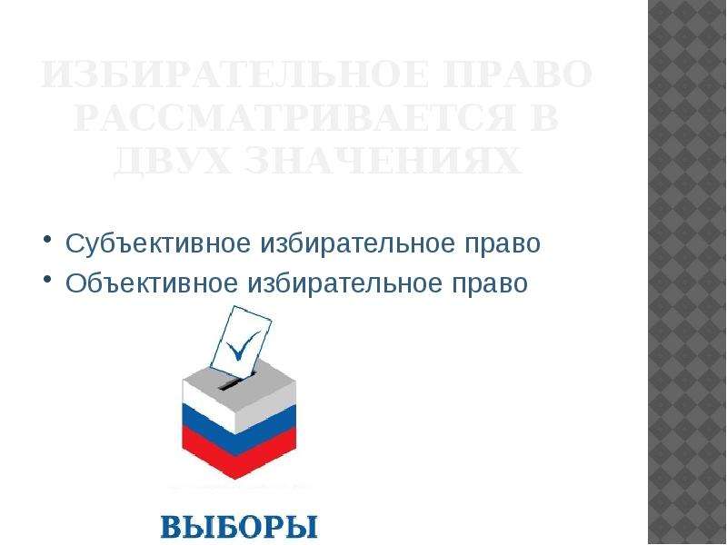 1 избирательное право. Объективное и субъективное избирательное право. Субъективное избирательное право. Субъективное право избирательное право. Субъективные избирательные права.