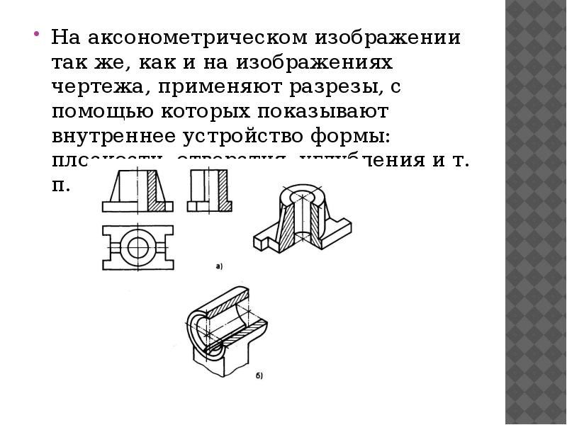 Чертежи применяют в. Разрезы (вырезы) на аксонометрических изображениях деталей. Применить разрез на чертеже. Для чего применяют на чертежах разрезы. Для чего применяются разрезы и сечения.