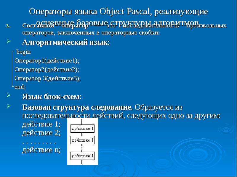 Операторные скобки в Паскале. Операторы языка DELPHI. Структурный оператор составной оператор операторные скобки. Составной оператор object Pascal.